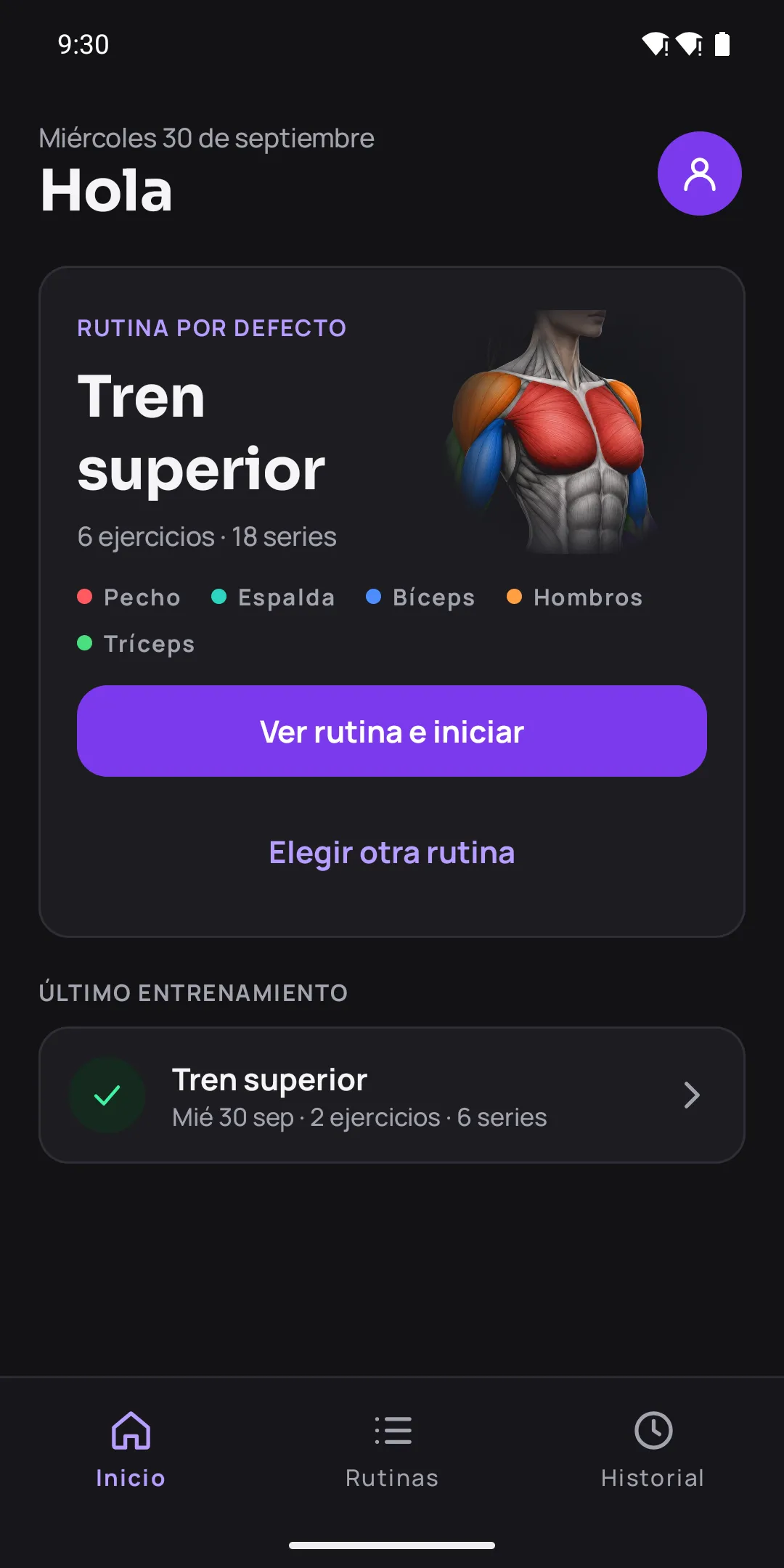 Pantalla de inicio de Dartha con la rutina por defecto «Tren superior», 6 ejercicios y 18 series