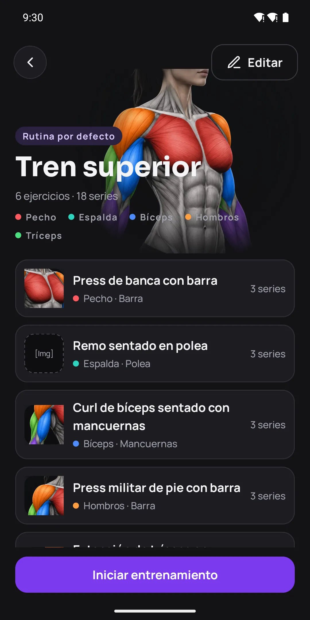 Detalle de la rutina «Tren superior» con la lista de ejercicios: Press de banca con barra, Remo sentado en polea y Curl de bíceps, con 3 series cada uno