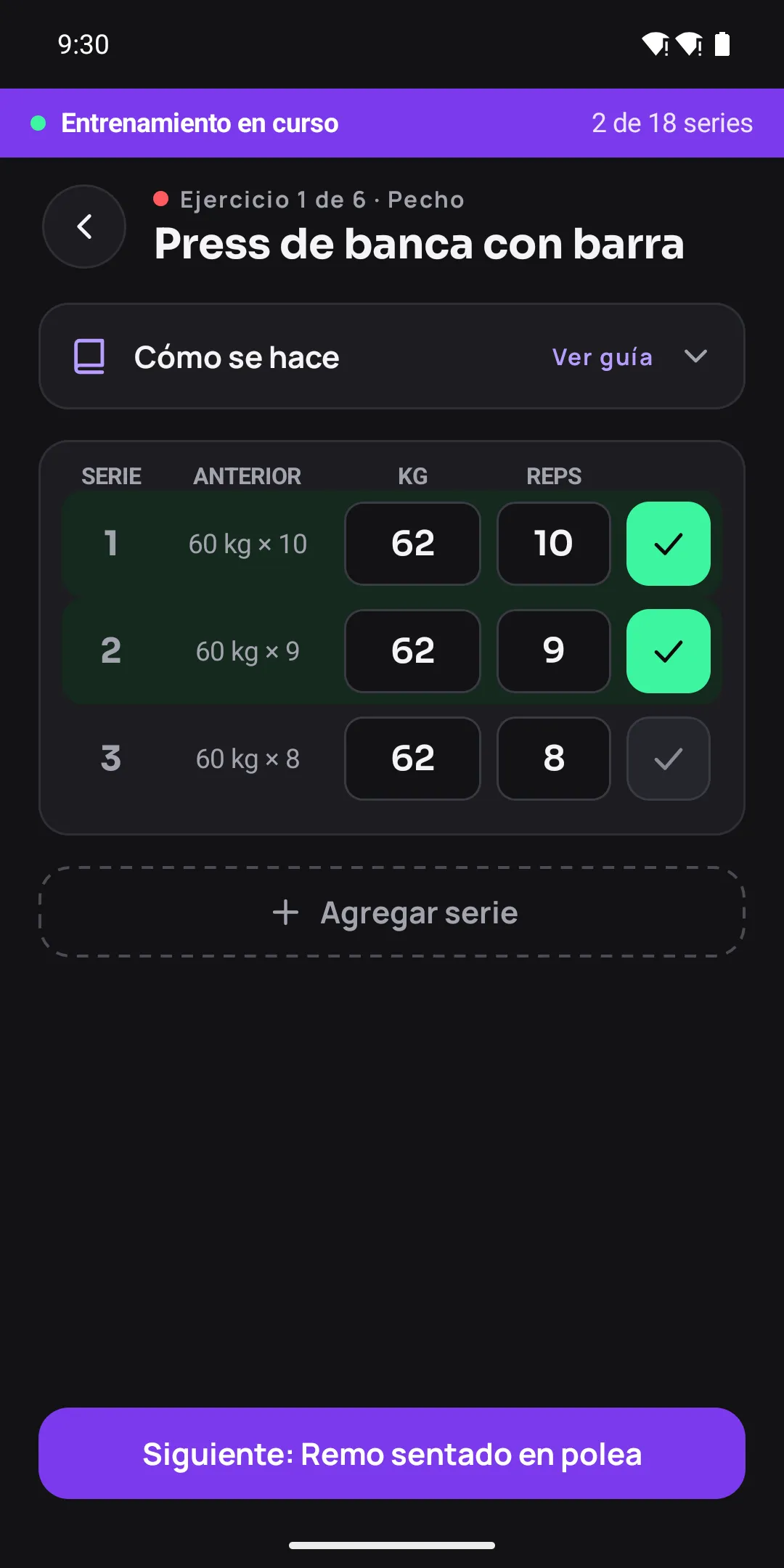 Pantalla de entrenamiento en curso de Dartha: Press de banca con barra con series de 62 kg