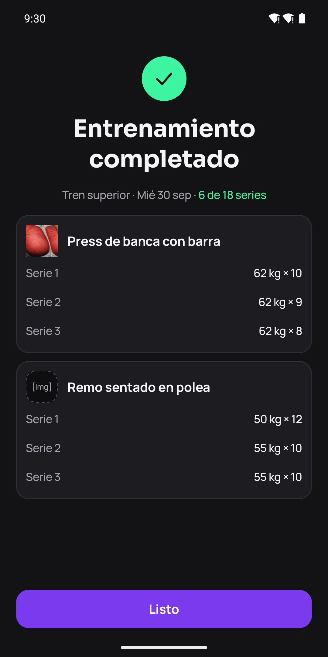 Resumen de Dartha: entrenamiento completado con las series registradas